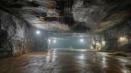 Interior view of a wet, cavernous subterranean passage.