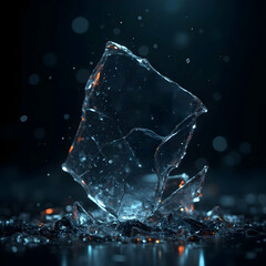 Shattered glass fragments with iridescent reflections in soft cinematic light, futuristic abstract background with neon metallic glow, luxury tech-inspired digital composition