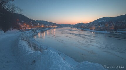 Naklejka premium Serene winter dusk over river landscape with city lights reflections in water