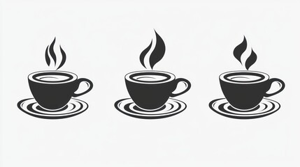 Obraz premium Three steaming coffee cups on saucers, simple black silhouette design