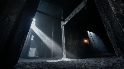 Intriguing, sunlit interior of a dark industrial space.