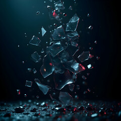 Shattered glass fragments with iridescent reflections in soft cinematic light, futuristic abstract background with neon metallic glow, luxury tech-inspired digital composition