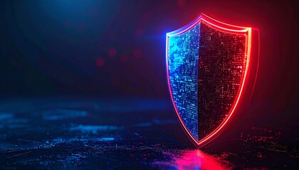 A glowing digital shield with blue and red neon lights symbolizes cybersecurity and data protection in a futuristic setting.