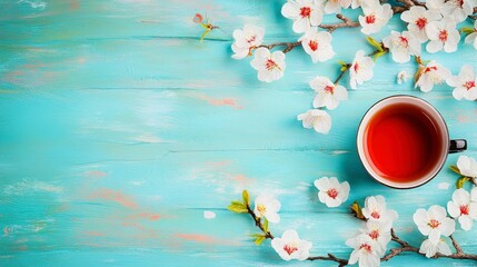 Flat lay top view of a tea cup amidst spring flowers on a pastel background, space for text included in this high-resolution, contest-winning stock image with meticulous details.