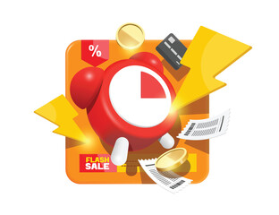 Flash icon or lightning strikes on the red alarm clock to notify the promotion period. Flash Sale Limited Time Promotion, vector 3d illustration isolated for online shopping advertising design