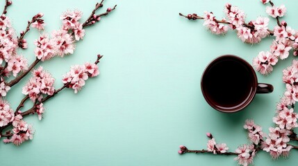 Pastel-backgrounded flat lay top view of a tea cup adorned with spring flowers, offering text space and showcasing high-detail, high-definition stock photo contest-winning quality.