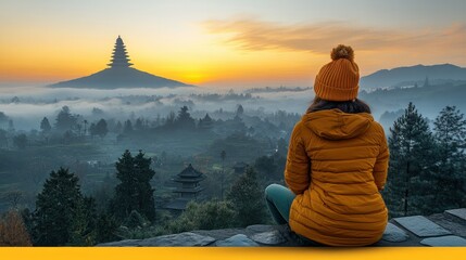 Woman contemplates tranquil sunrise over Asian landscape with mountain pagoda