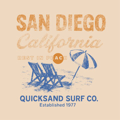 Vintage hand drawing adventure surfing vector. tropical vintage retro graphics. summer beach graphics. vintage t-shirt design. San Diago California beach.  summer graphic tee. girls fashion design. 