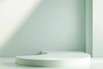Minimalist, light-filled, pale green room with a curved, white, pedestal display platform