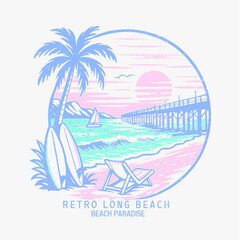 vintage retro summer graphics. Retro Long beach in california. sunset for endless summer vibes graphics. adventure surfing beach paradise. summer t-shirt design. vintage graphic tee.