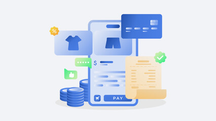 Online shopping app and digital payment with credit card on smartphone. Vector gradient illustration