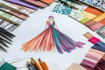 Collection of fashion sketches and swatches on desk, isolated on transparent background