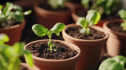 Vibrant Green Seedling in Terracotta Pot Close Up