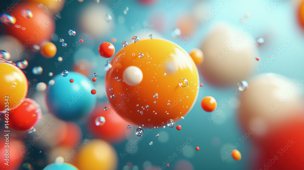 Wall mural abstract 4k storytelling background showcasing a realistic 3d render with colorful spheres floating 