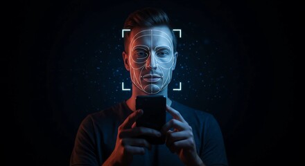 Man using smartphone with facial recognition technology  