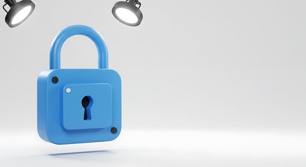 3d cute cartoon illustration, blue digital cyber security lock, copy space on the right, under floodlights. ,isolated on bright background, no text