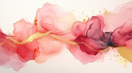 Abstract art with flowing, fluid, pink, red, and gold ink blotches on a white background.