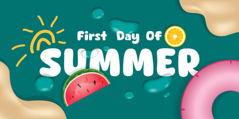 First Day of Summer. Water, lemon, sand, life buoy, watermelon and sun. Great for posters, banners, social media and more. Green background.