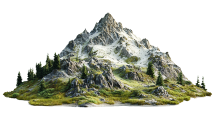 High altitude mountain range with snow-capped peak and lush alpine greenery, cut out, offering design possibilities