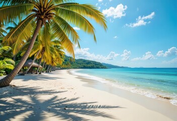 Tropical beach with palm trees and clear blue water under bright sunny skies