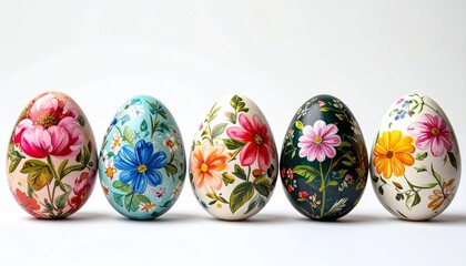 Five intricately painted eggs with colorful floral designs are displayed in a row against a plain white background.