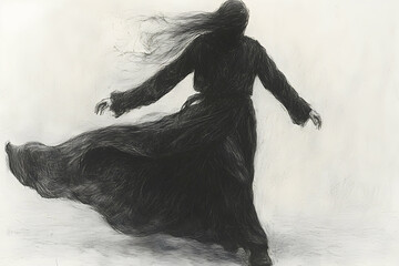 Fototapeta premium Windswept figure in dark robe grayscale fantasy illustration