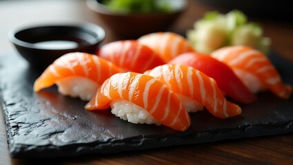 Close-up of sushi nigiri arranged on a slate plate with soy sauce