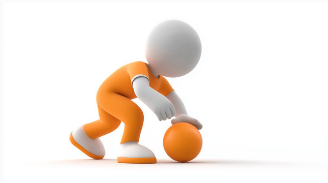 3D-Figur beim Basketballspiel &ndash; Minimalistisches Konzept mit orangefarbenem Ball. K&uuml;nstliche Intelligenz KI