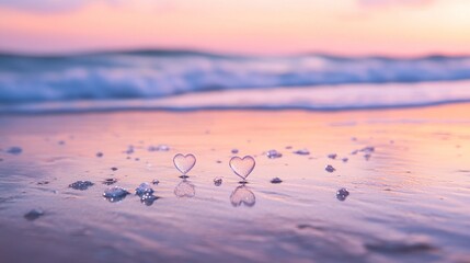 Two small, translucent heart shapes on a beach at sunset, reflecting the colors of the sky