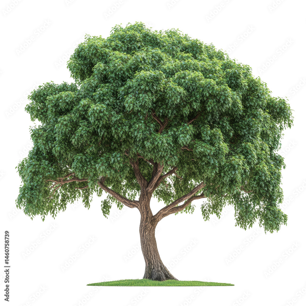 Poster majestic broadleaf tree with lush foliage on a grassy patch against a clear setting