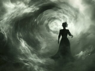 Fototapeta premium woman in swirling vortex, dark clothing, grey and green hues, mystical energy, atmospheric effect