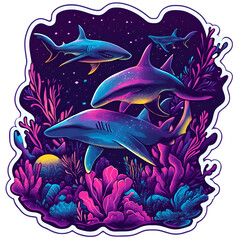 Vibrant sharks swimming through coral reefs underwater art digital illustration colorful environment dynamic perspective