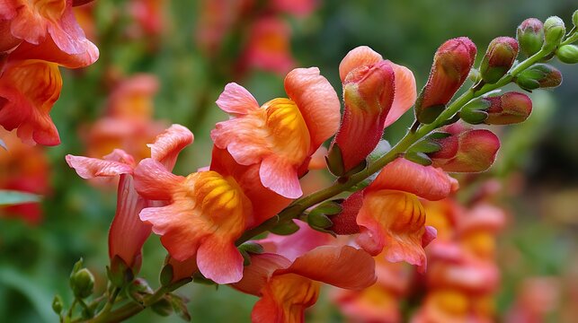 Delicate coral snapdragons on a green blurred day