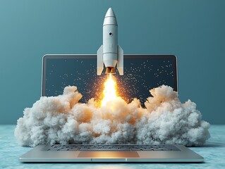 Rocket launching from laptop screen, symbolizing a rapid business growth