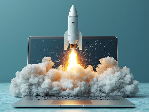 Rocket launching from laptop screen, symbolizing a rapid business growth