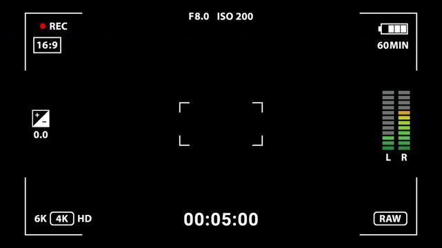 Digital camera recording screen with animated audio bars, blinking REC, and live timer on transparent background. UI overlay with alpha channel for recording feel or video production use.