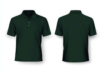 Dark green polo shirt mockup, front and back views.  Detailed 3D rendering of a plain polo shirt, showcasing both sides