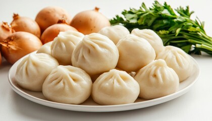 Fresh dumplings, onions, and parsley