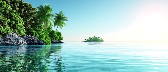 Tropical island paradise, calm ocean, lush greenery