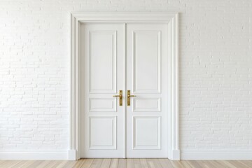 Elegant double doors against a white brick wall.