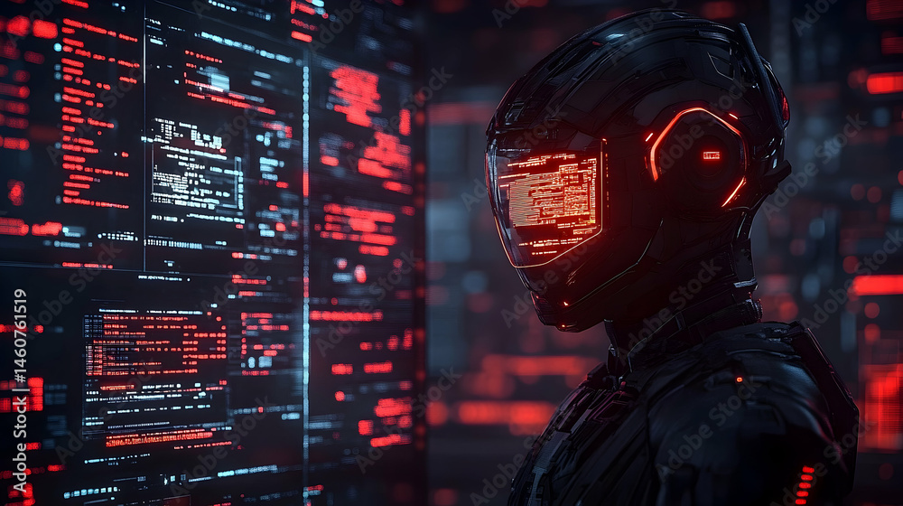 Wall mural futuristic robot analyzing digital code on a screen