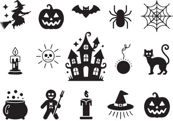 Spooky halloween icon set with witch cat pumpkin and haunted house elements