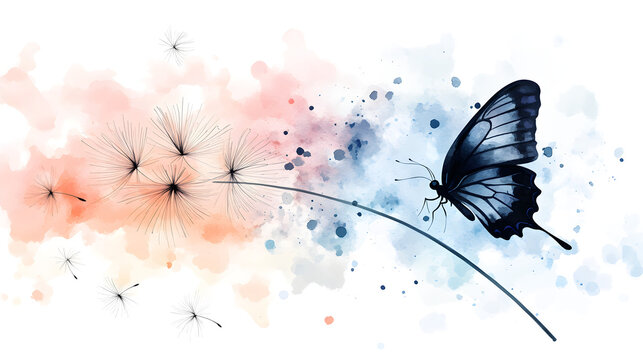 Fototapeta Watercolor Dandelion with Butterfly – Soft Abstract Floral Explosion