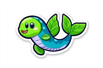 Fototapeta premium Cartoon illustration of a cute, green and blue fish with leaf like fins. Bright, cheerful design, digital art style.