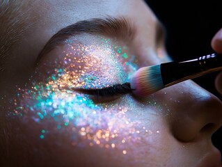 iridescent glitter makeup application, close up, woman's face, purple and pink hues, sparkling texture