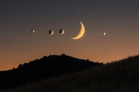 Cosmic scene: glowing moon, planets aligned in sky, hill silhouette in foreground