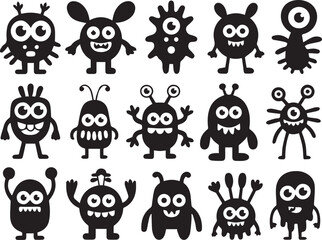 Collection of funny cartoon monsters silhouettes isolated on white background