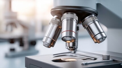 Fototapeta premium Microscope Close Up for Medical Research, Science and Laboratory Analysis