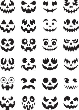 Spooky halloween pumpkin carving stencils set of varied scary faces black and white