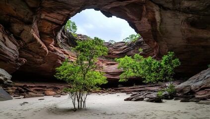 Obraz premium Sunlight streams through a cavernous archway into a sandy interior, surrounded by reddish-brown rock formations and lush green trees